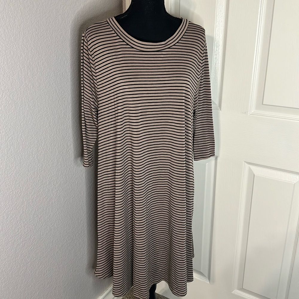Want and Need Tan and Black Striped Dress with 3/4 Sleeves - Size 1X